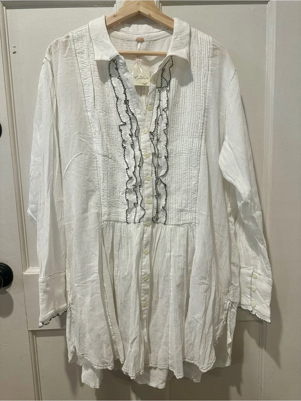 Free People White Ivory Tuxedo Ruffle-Front Shirt Dress Boho Chic Women’s L